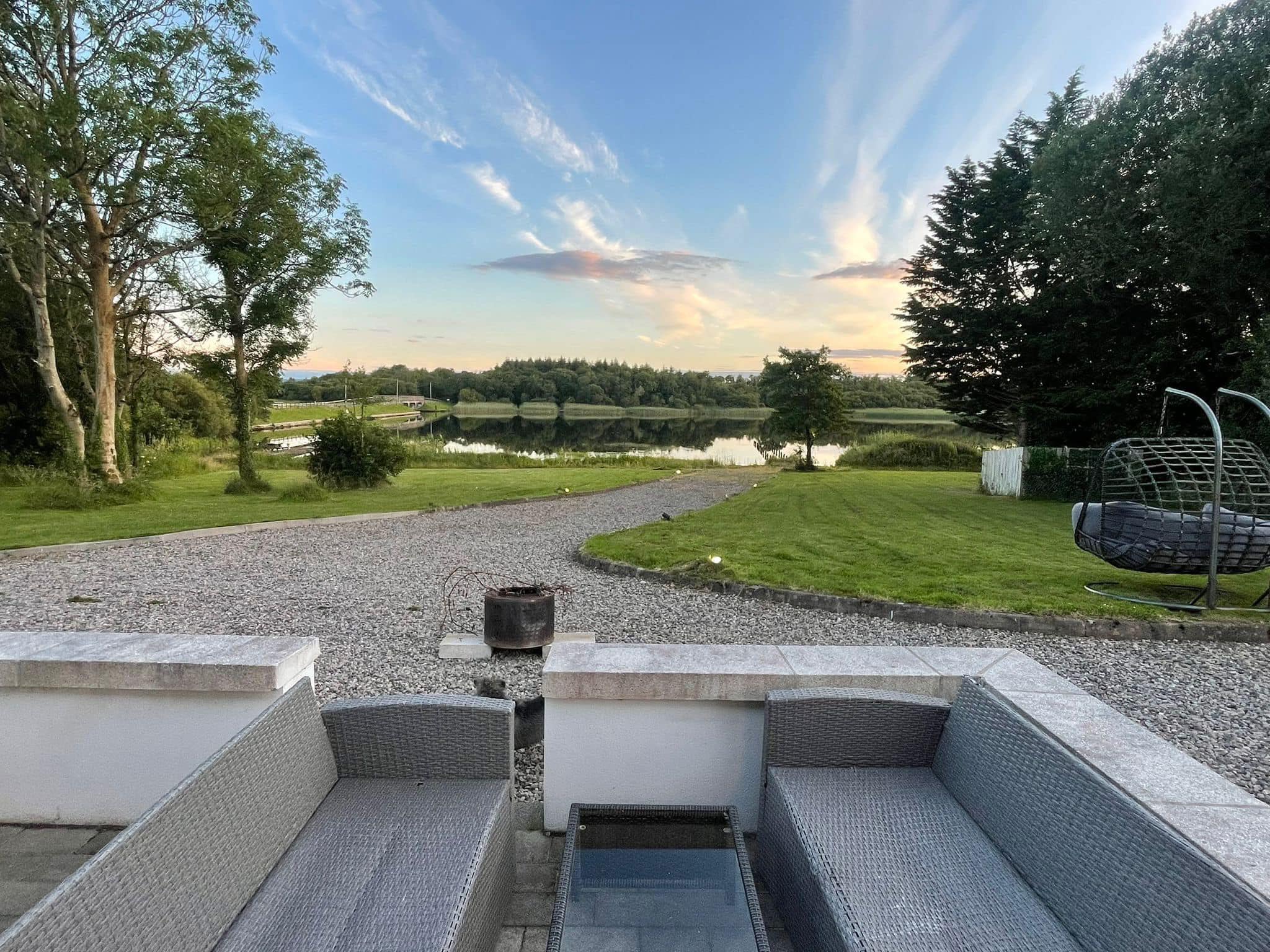 Sunset view from Erinona House patio overlooking the lake